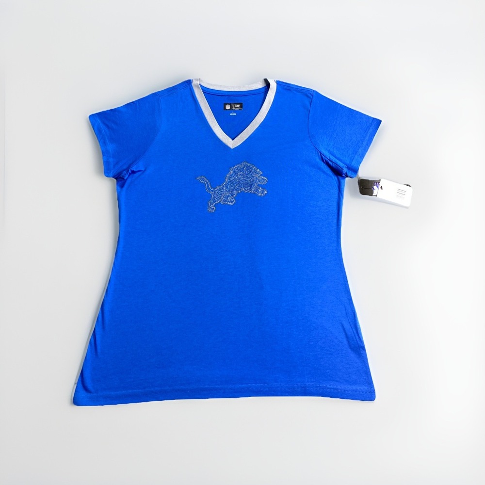 NFL‎ Team Apparel Shirt Womens Large Detroit Lions Football Studded Big Logo NEW